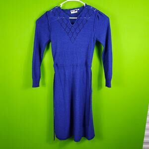 Vintage MSI Petites Blue Knit Dress With Belt Medium V-Neck Diamond Lace Detail